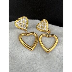 Vintage Monet Earrings Hearts Rhinestones Gold Tone Dangle Clip Ons